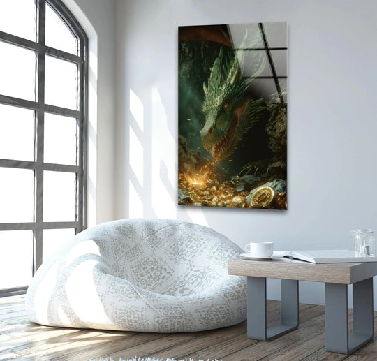 Boldly saturated colors highlight the fantasy-inspired emerald dragon glass wall prints protecting a hoard of gold coins with a fire glow.