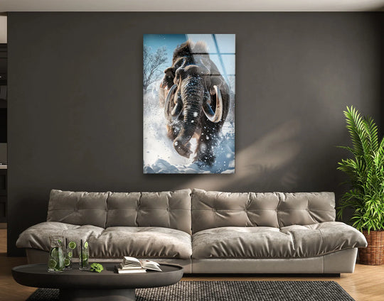 A mammoth charges through icy snow, depicted on striking decorative wall art with a glossy texture.