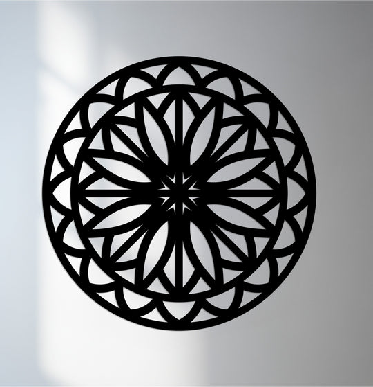 Centered in the image, the celestial flow mandala presents a unique metal wall art piece with intricately symmetrical, geometric patterns.