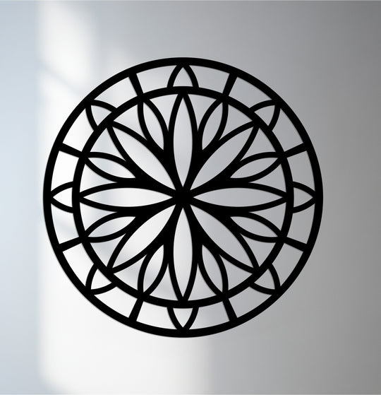 A soft gradient grey background enhances the modern decorative metal art mandala, creating a tranquil and elegant space.