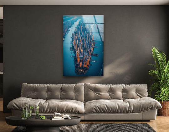 An elevated perspective captures the fluid sense of movement as the Manhattan skyline rises from the water in this dynamic print wall art.