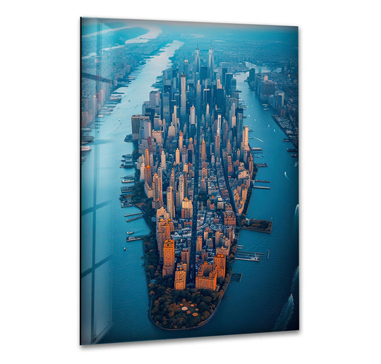 Cool color temperatures dominate this Manhattan glass wall art, where azure waters contrast with the warm, decorative wall art tones highlighting the city's buildings.