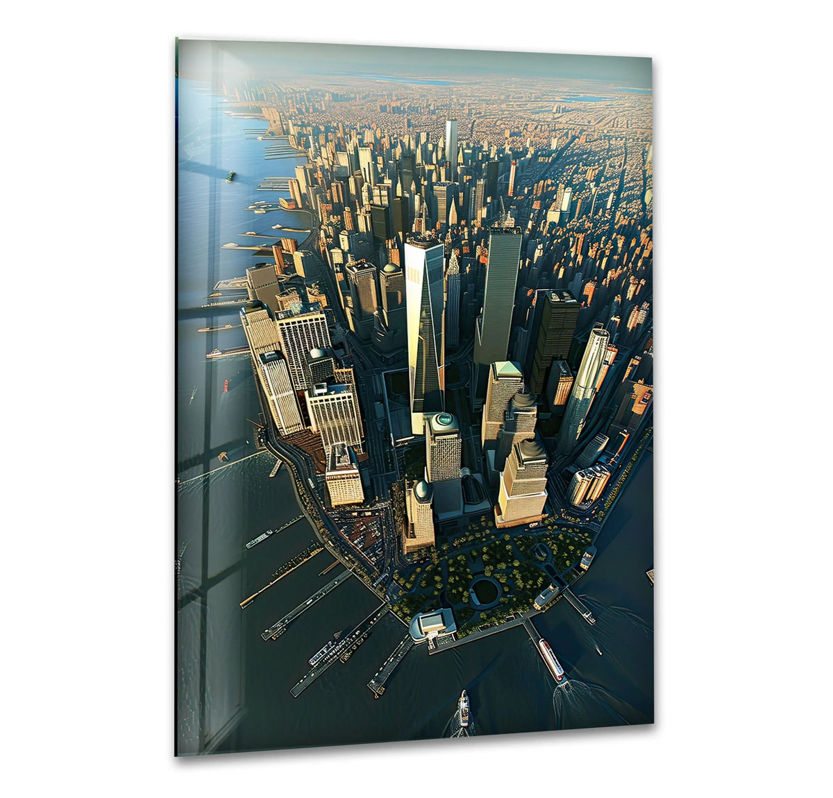 Warm tones dominate the Manhattan City Glass Wall Art, providing a unique home decoration feel with a vibrant and energetic cityscape scene.