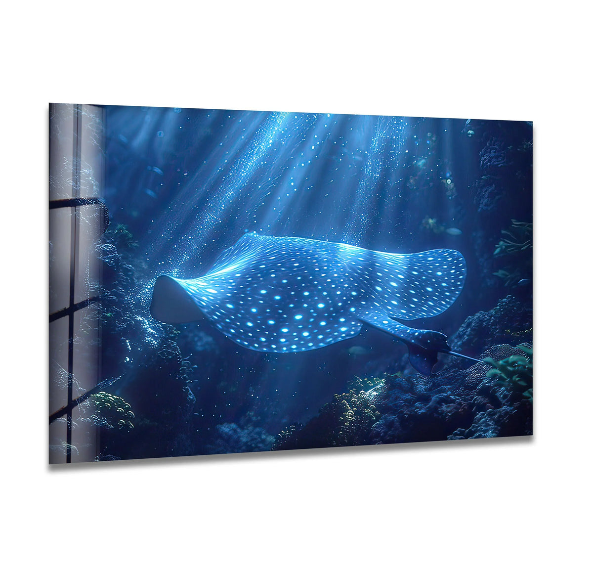 A majestic manta ray with glowing spots glides through deep blue ocean depths, leaving ample negative space.