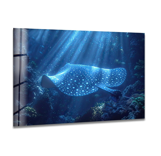 Manta ray with blue hues is a glass wall art showcasing animal ocean themes and underwater beauty perfect for ocean inspired decor