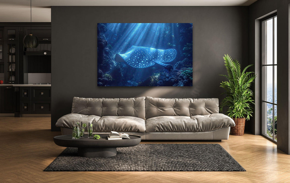 A majestic manta ray glides through deep sapphire waters, its luminous spots creating layers of light in this stunning art from glass.