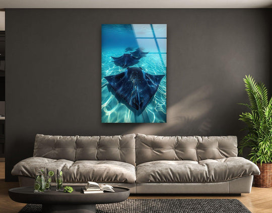 This ocean blue manta ray glass wall art shows a vibrant underwater animal print and an 8K UV ocean scene offering elegance and timeless beauty