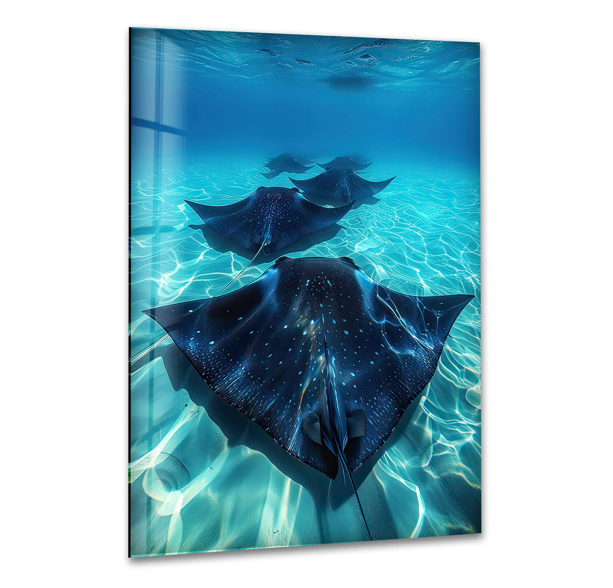 Deep sapphire blue manta rays glide through crystal clear turquoise water, a stunning example of unique modern wall decor.