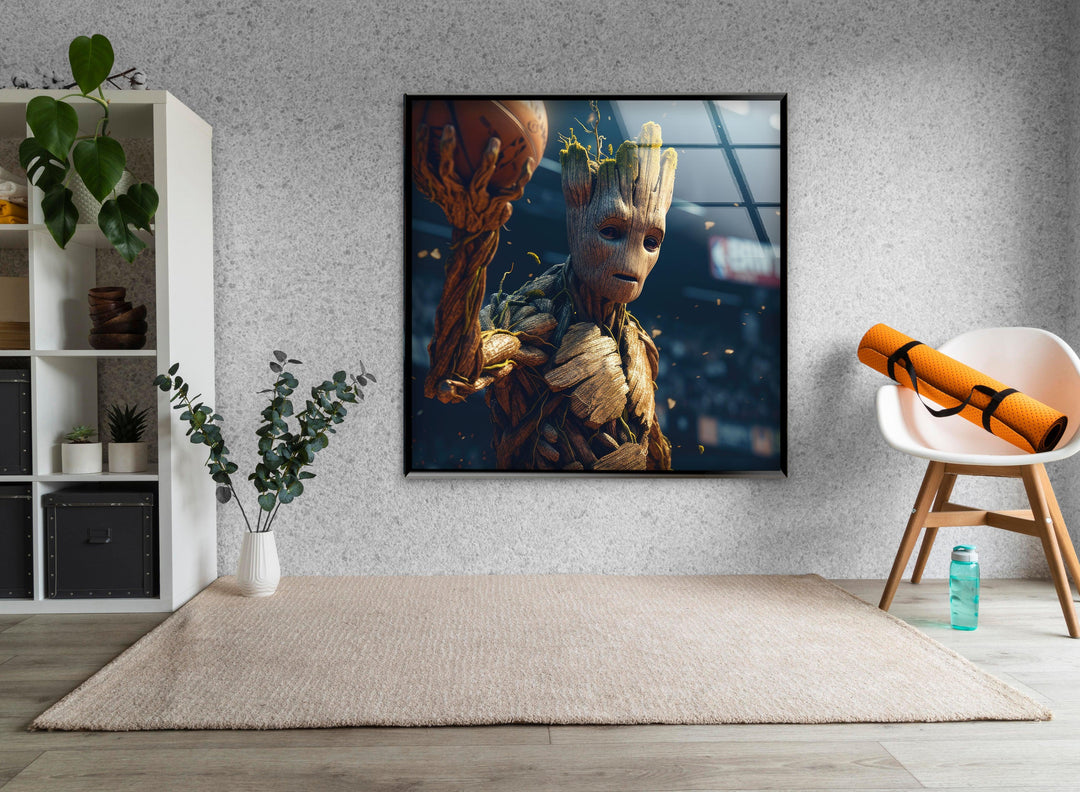 Groot Play Basketball Glass Wall Art, photo print on glass, prints on glass wall art