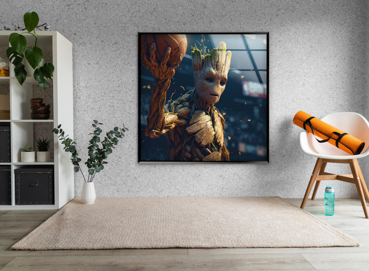 Groot Play Basketball Glass Wall Art, photo print on glass, prints on glass wall art
