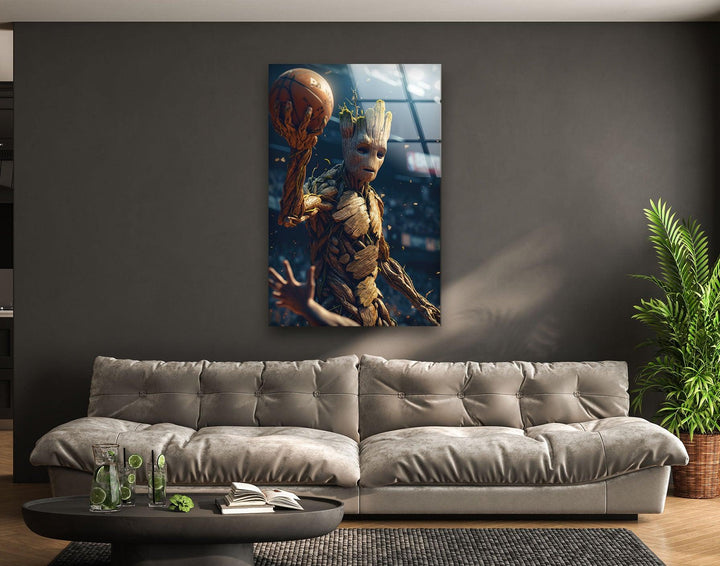 Groot Play Basketball Glass Wall Art, glass image printing, glass prints from photos