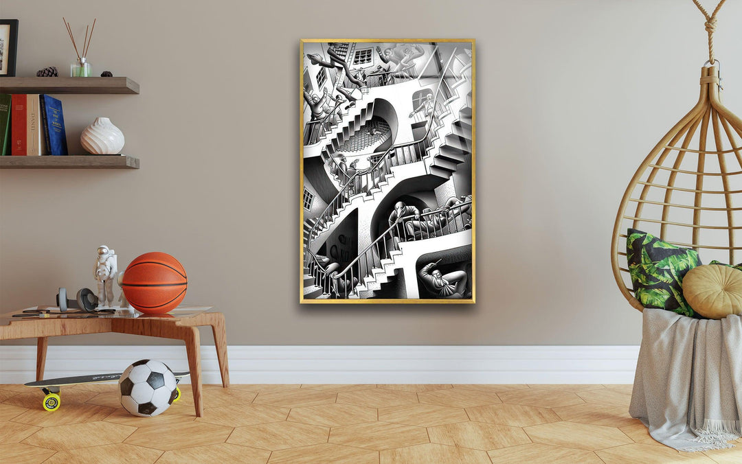 Monochrome abstract art featuring a maze of stairs and distorted figures.