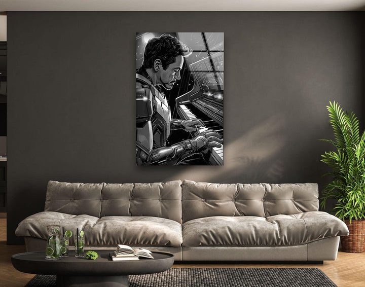 Cool color temperature radiates from the pianist Iron Man glass wall art, a unique modern wall decor piece featuring a superhero playing the piano.