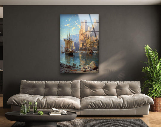 A tall, rectangular hanging wall art depicts medieval ships near a rocky cliff castle under a bright blue sky.
