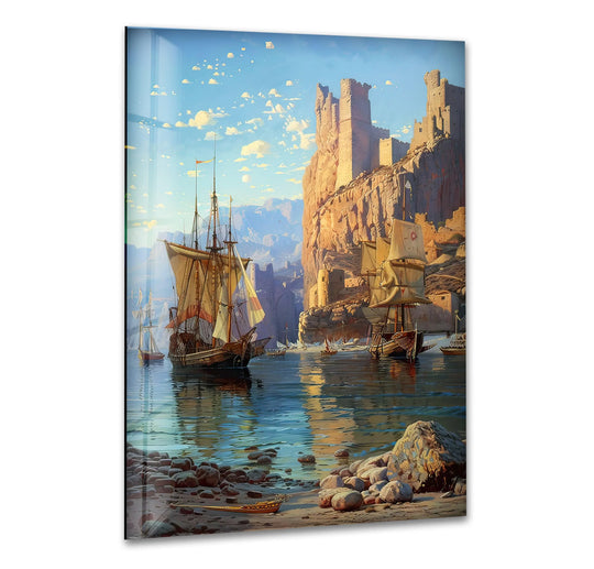 The repeating rhythm of ships and castle ramparts creates a breathtaking visual flow in this print wall art.