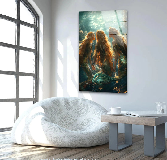 Rectangular mermaids glass wall art dominates with defined edges, complementing the room's clean lines and expansive window's hanging wall art.