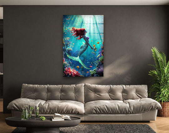 Tropical mermaid with red hair is a vertical glass wall art and cool painting featuring vivid marine life and ocean decor