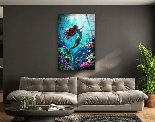 The vertical Mermaid Tropical glass wall art shows a mermaid in vivid colors and it is cool art and ocean fantasy decor adding vibrant marine life to any room.