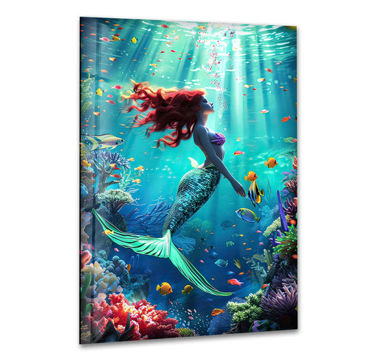 Tropical Mermaid glass wall art shows an underwater scene and is cool art with vibrant colors and a ocean decor theme that brings marine life to your wall