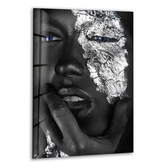 Glass wall art silver face African woman with silver accents and silver gaze wall art for a modern and sophisticated decor statement