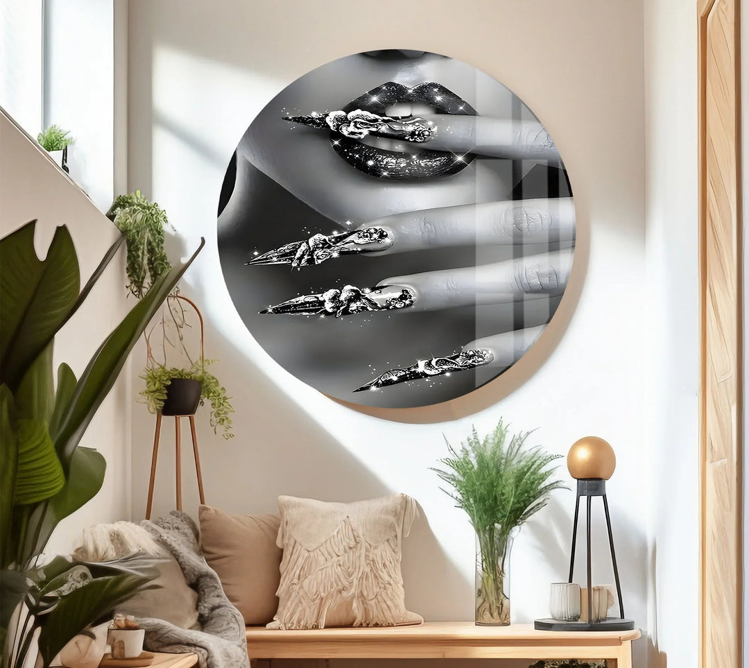 Glamorous black and white beauty art focusing on glittering lips and ornate metallic nail details.