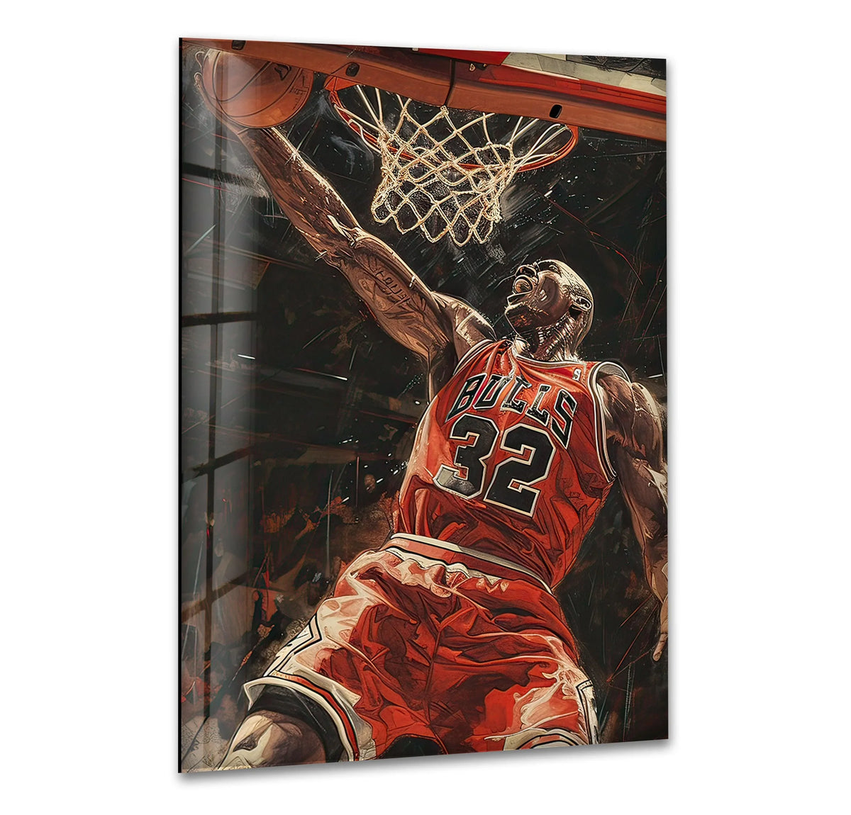 Flowing curves of the dynamic basketball player give unique modern wall decor a sense of fluid motion in this Michael Jordan glass wall art.