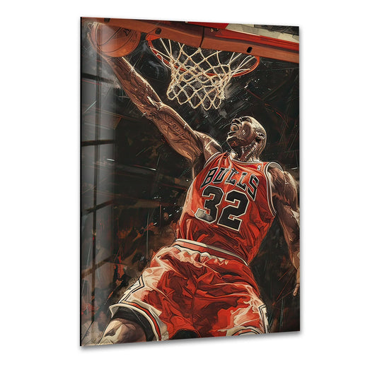This glass wall art features Michael Jordan making a dunk in a basketball sports print and is perfect for iconic room decor and sports fans