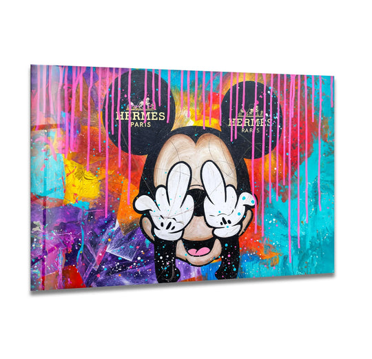 Showcasing sharp angles and soft curves amidst the paint drips, this Hermès-inspired pop graffiti glass wall art prints delivers bold geometric wall art elements.