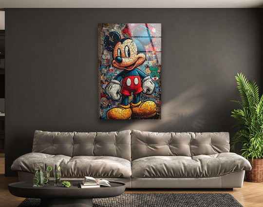 Against the dark grey wall, this retro-style character pop art is an eye-catching glass wall artwork contrasting with the sleek modern decor.