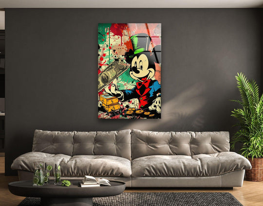 Transitions between vibrant reds, greens, and yellows create a striking effect in this vintage cartoon money pop art glass wall art, offering unique modern wall decor.