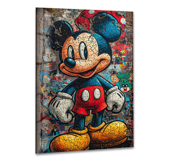 Whirling retro puzzle pop art emanates from the classic character's pose, giving the glass hanging wall art a vibrant energy.