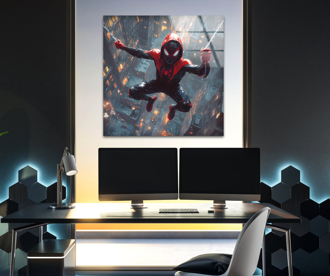 Spider-Man-Wandkunst aus Glas – Modernes Stadtbild