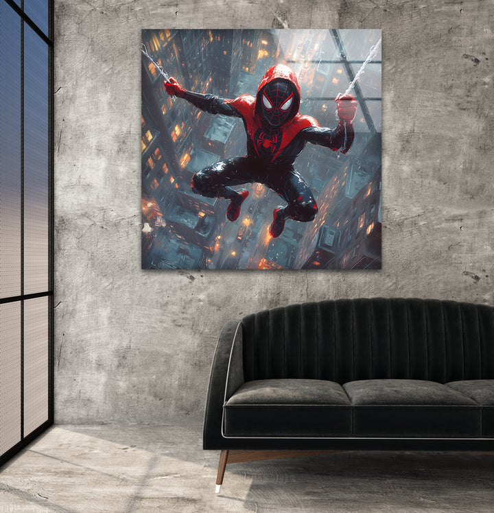 Spider-Man-Wandkunst aus Glas – Modernes Stadtbild