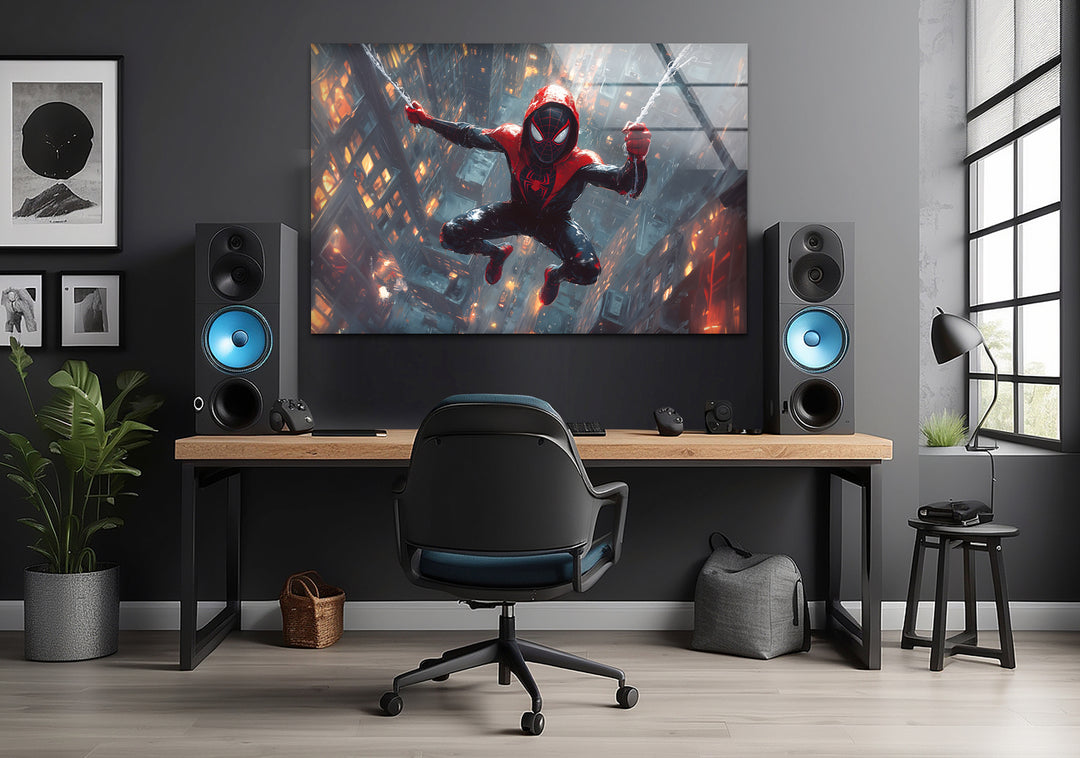 Spider-Man-Wandkunst aus Glas – Modernes Stadtbild