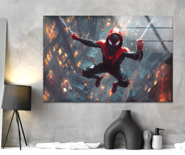 Spider-Man-Wandkunst aus Glas – Modernes Stadtbild