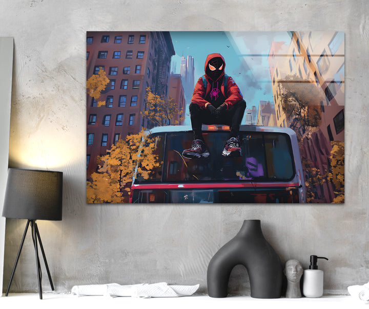 Spider-Man-Wandkunst aus Glas – Stadtlandschaftsabenteuer