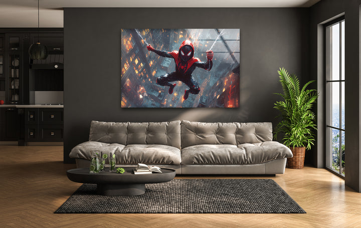 Spider-Man-Wandkunst aus Glas – Modernes Stadtbild