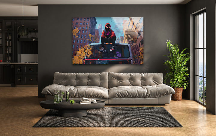Spider-Man-Wandkunst aus Glas – Stadtlandschaftsabenteuer