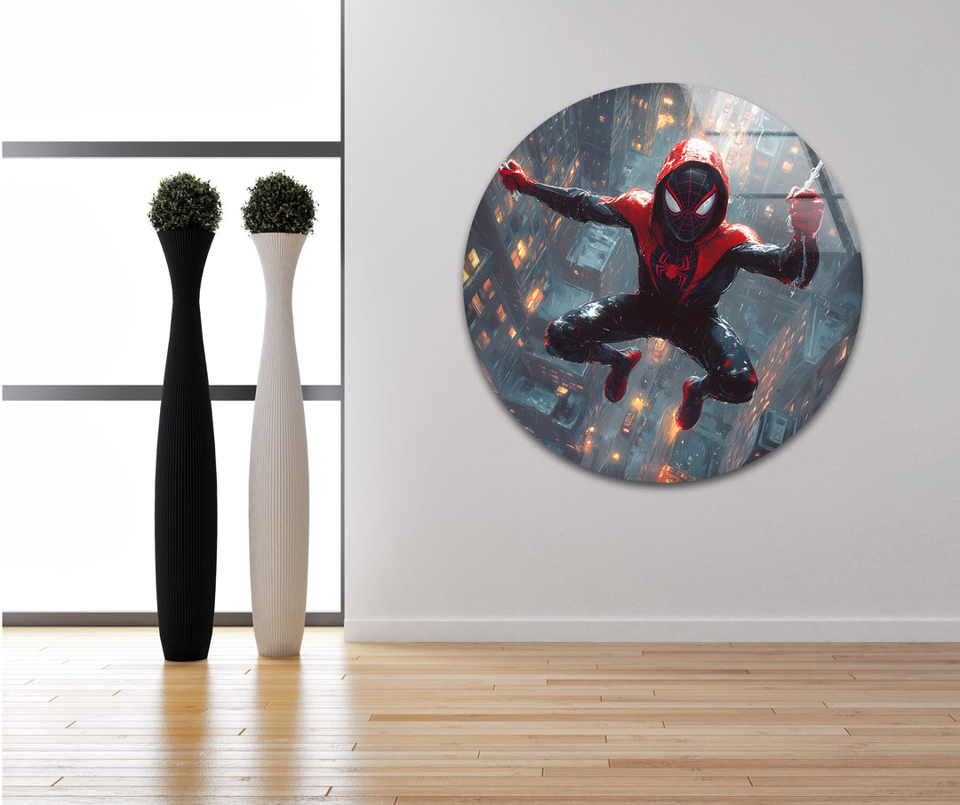 Spider-Man-Wandkunst aus Glas – Modernes Stadtbild