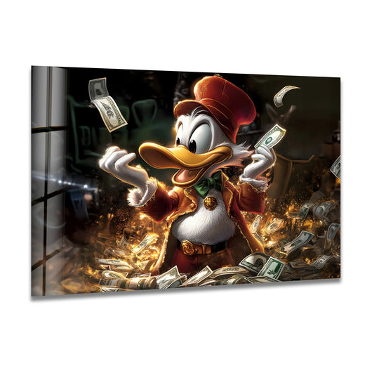 Visual rhythm creates a dynamic scene in this Millioner Duck image through the scattered money and gleaming light, a playful embodiment of glass art.