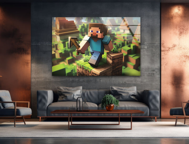 Minecraft Adventure Glass Wall Art – A Stunning Gaming Scene for Fans
