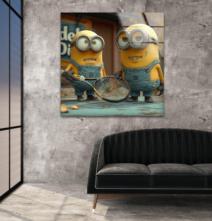 Minions With Racket Glass Wall Art picture on glass wall art, photos printed on glass

