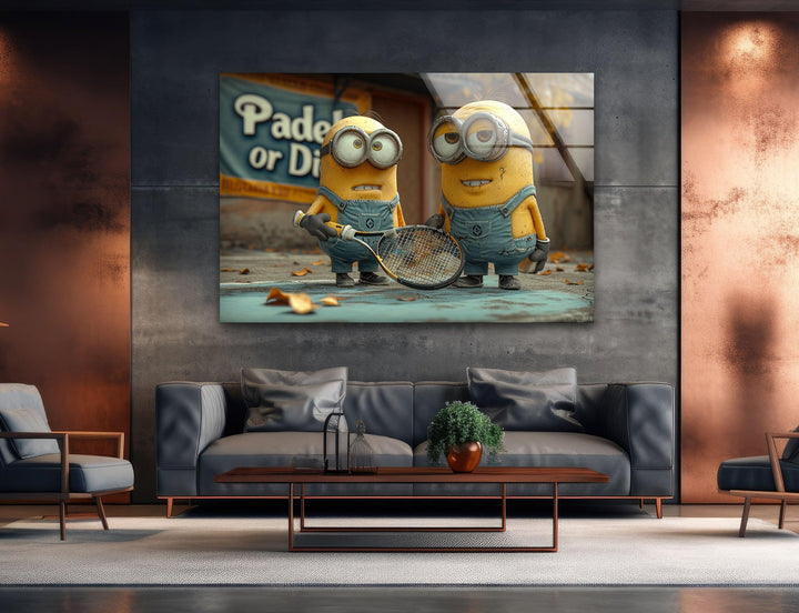 Minions With Racket Glass Wall Art glass photo prints, glass picture prints
