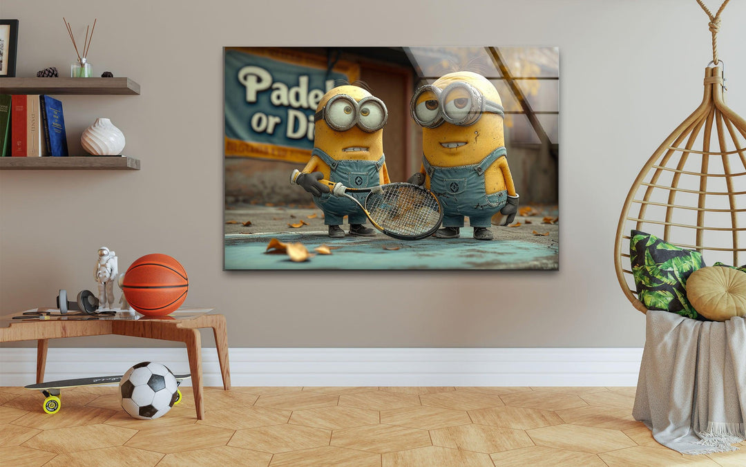 Minions With Racket Glass Wall Art print on glass, glass printed photos
