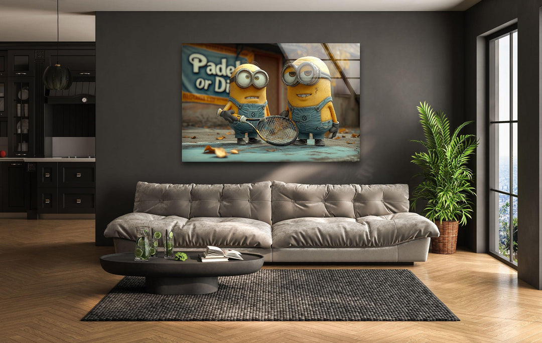 Minions With Racket Glass Wall Art print picture on glass, Tempered Glass Wall Art
