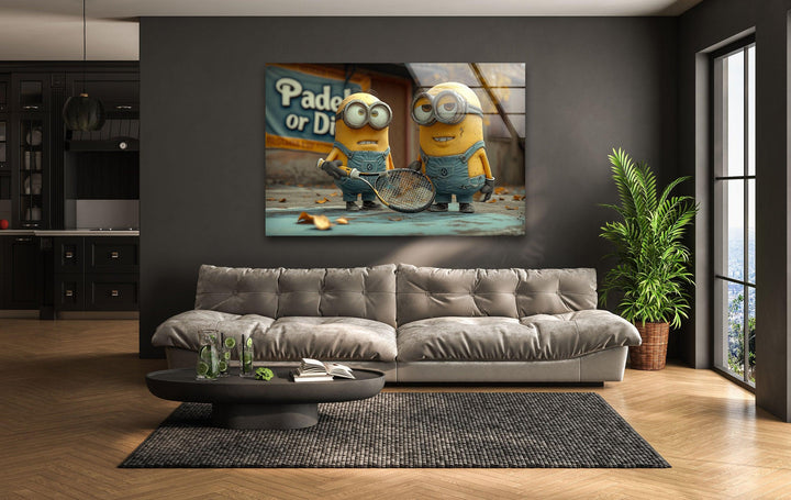 Minions With Racket Glass Wall Art print picture on glass, Tempered Glass Wall Art
