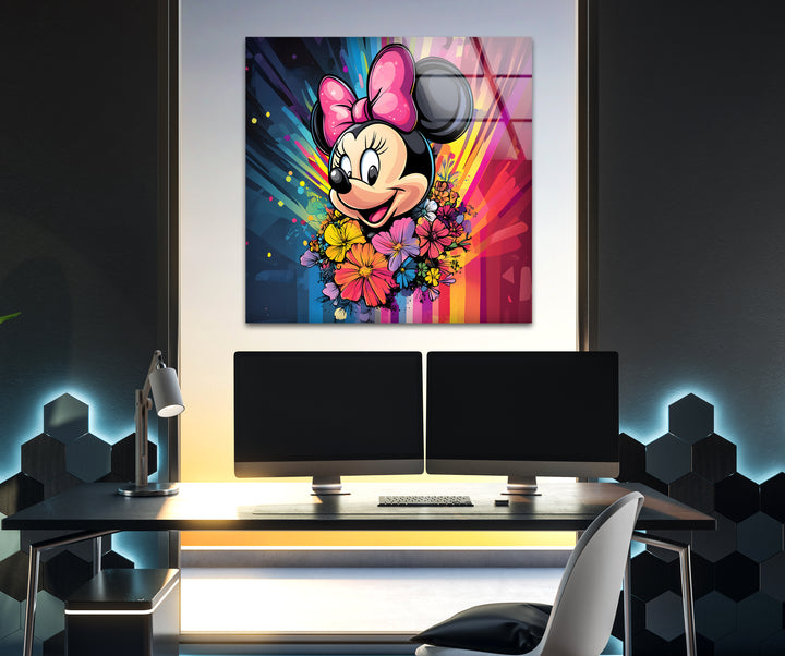 Minnie Mouse In Front Of Rainbow Glass Wall Art glass wall decor, glass wall art decor
