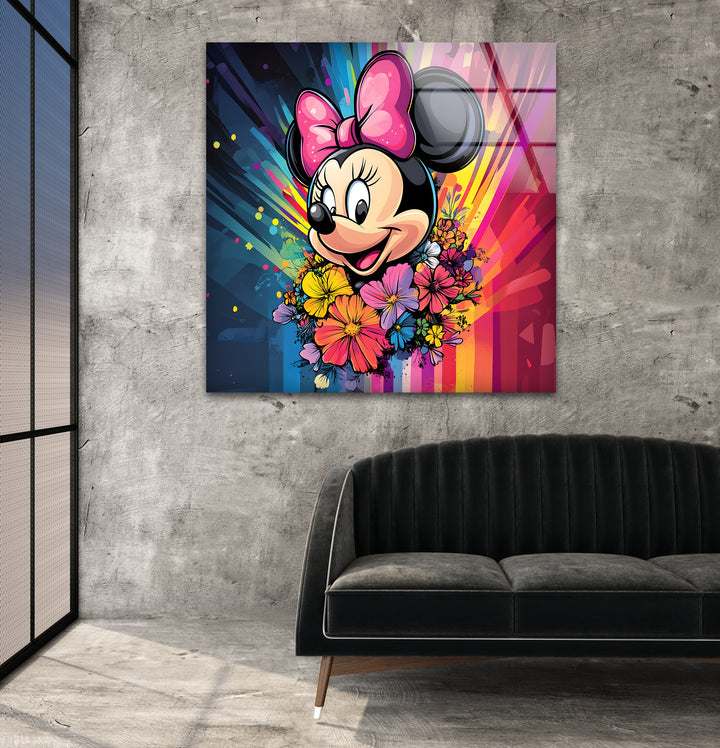 Minnie Mouse In Front Of Rainbow Glass Wall Art print on glass, glass printed photos