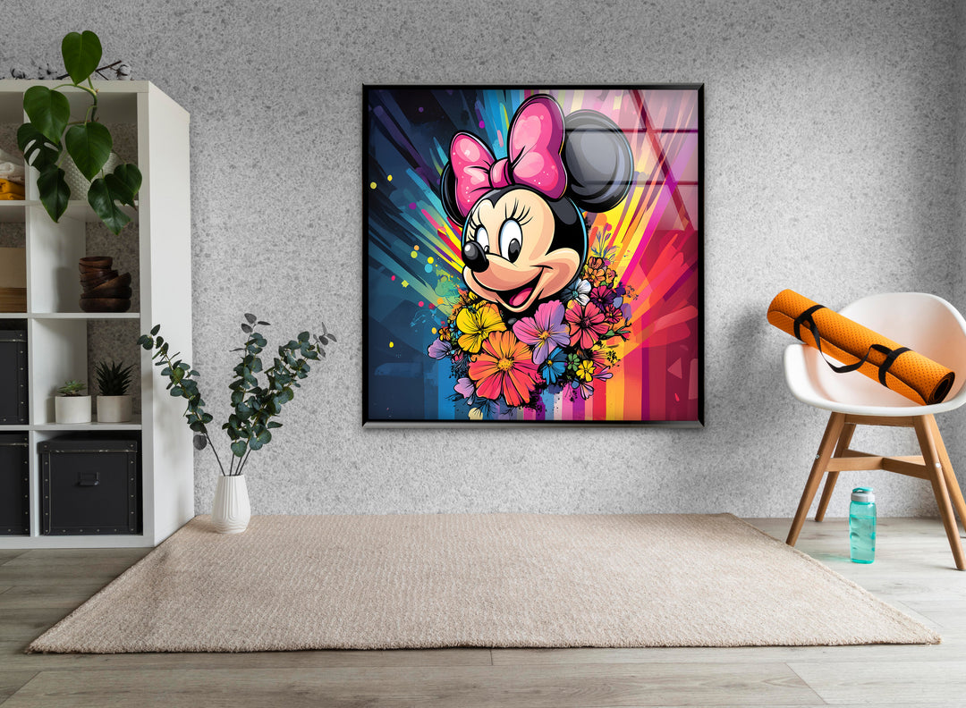 Minnie Mouse In Front Of Rainbow Glass Wall Art print picture on glass, Tempered Glass Wall Art
