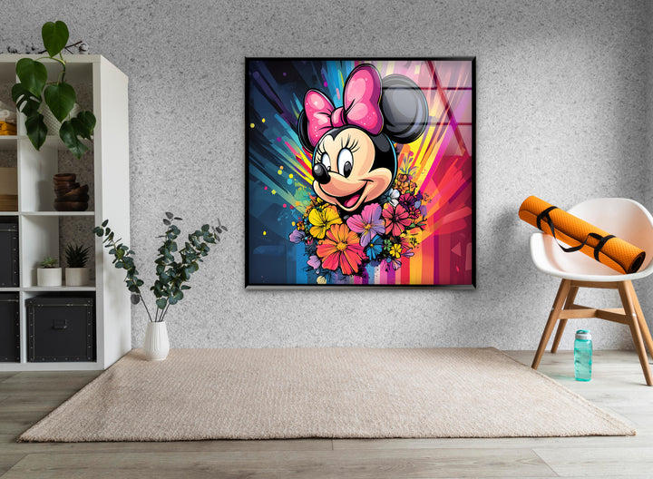 Minnie Mouse In Front Of Rainbow Glass Wall Art print picture on glass, Tempered Glass Wall Art
